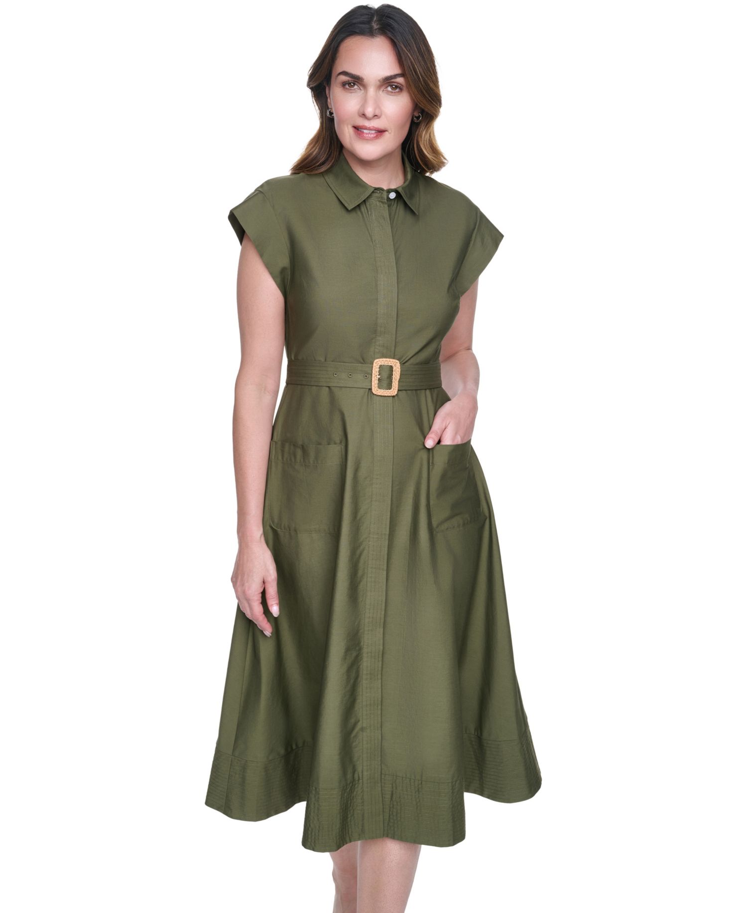 Petite Trapunto Stitch Collared Button-Down Midi Shirt-Dress