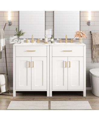  Modern Solid Wood MDF Vanity With Ceramic Sink, Soft-Close Doors Flip Drawer, Gold Handles