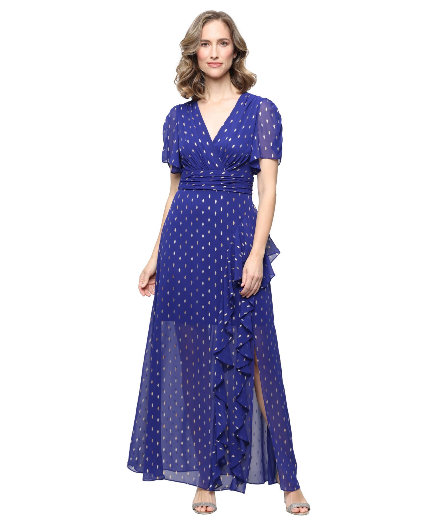 Women's Foil-Print V-Neck Ruffle-Trim A-Line Dress
