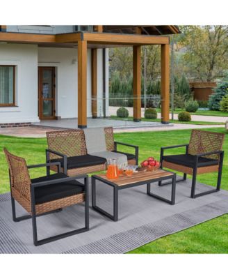 4-Piece Outdoor Patio Furniture Set with Acacia Wood Table - Modern PE Rattan Conversation Set