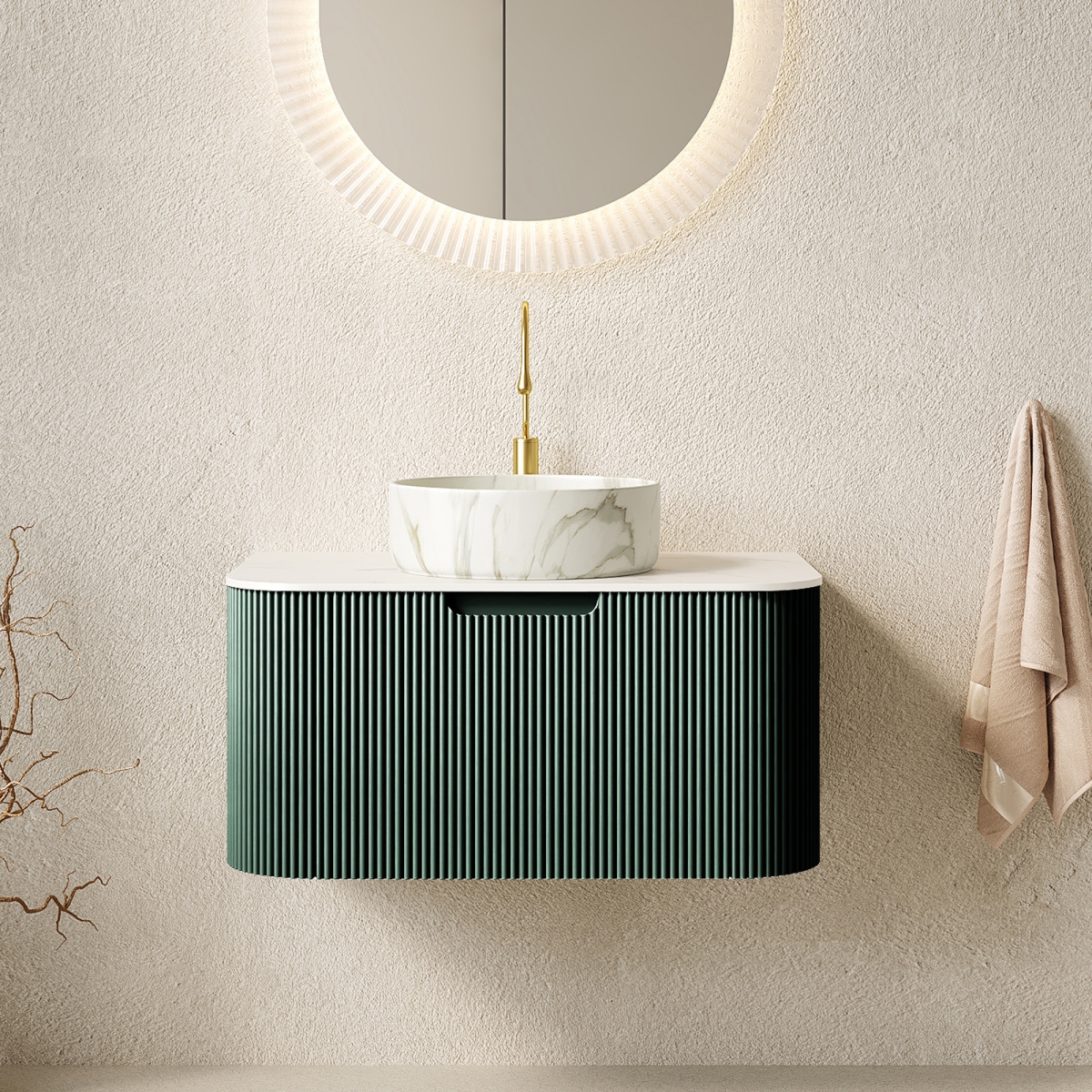 Sillysis Wall Mounted Bathroom Vanity with Sintered Stone Top, Round Ceramic Basin, Stripe Drawer Panel