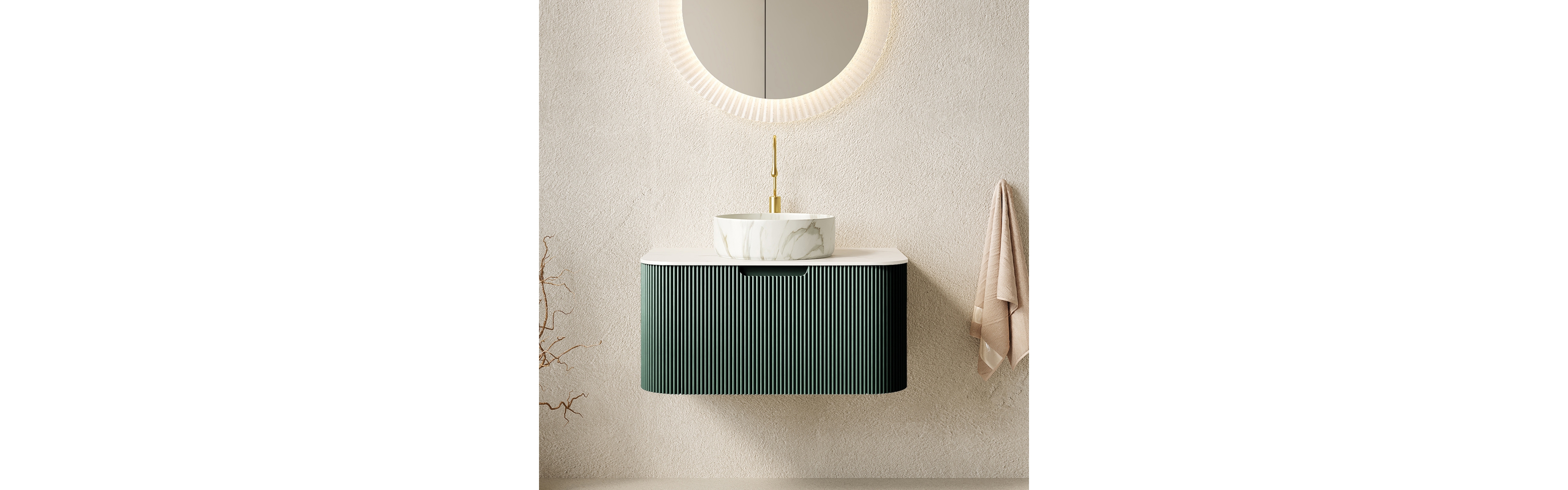 Sillysis Wall Mounted Bathroom Vanity with Sintered Stone Top, Round Ceramic Basin, Stripe Drawer Panel