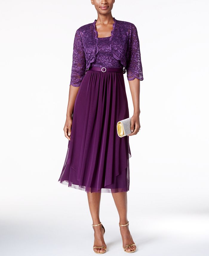 R & M Richards Petite Belted Glitter Lace Dress and Jacket - Macy's
