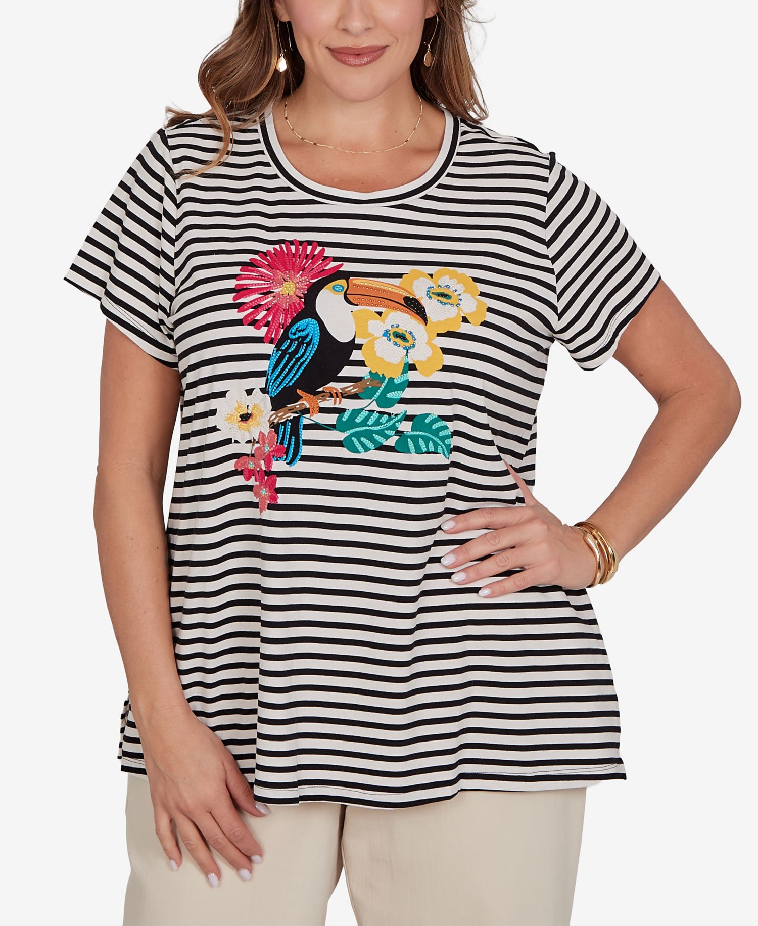 Plus Size Embellished Toucan Stripe Knit T-Shirt