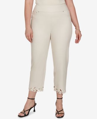 Plus Size Embroidered Cutout Denim Ankle Pants
