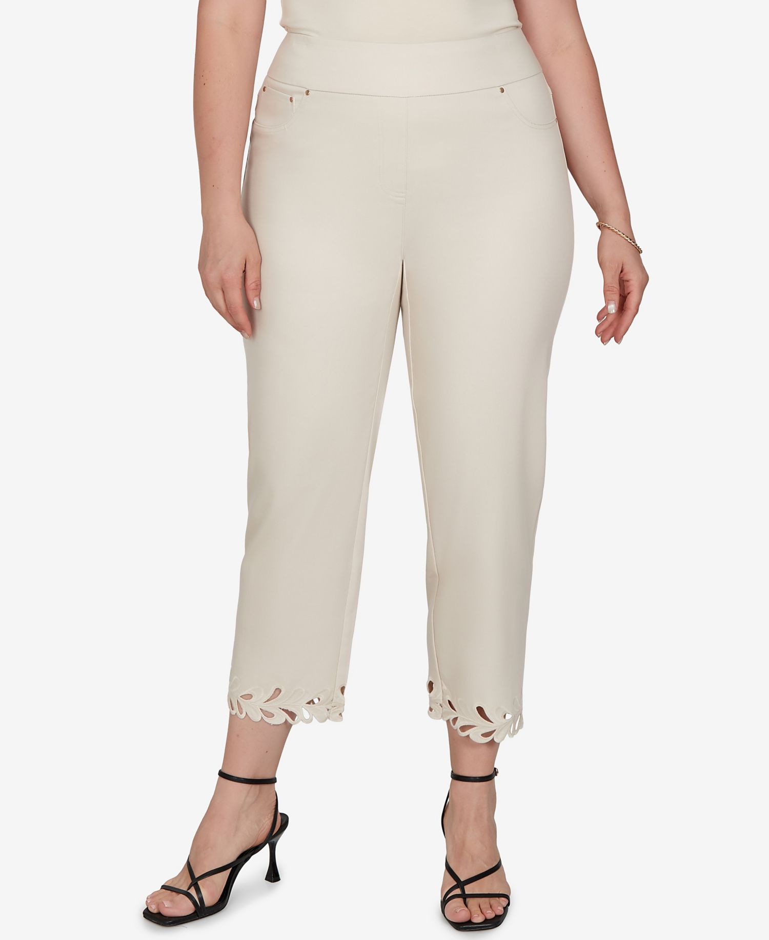 Plus Size Embroidered Cutout Denim Ankle Pants