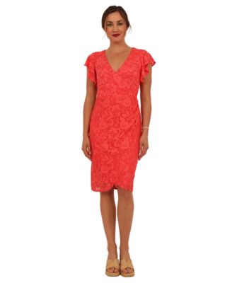 Women's Lace V-Neck Flutter-Sleeve Faux Wrap Midi Dress