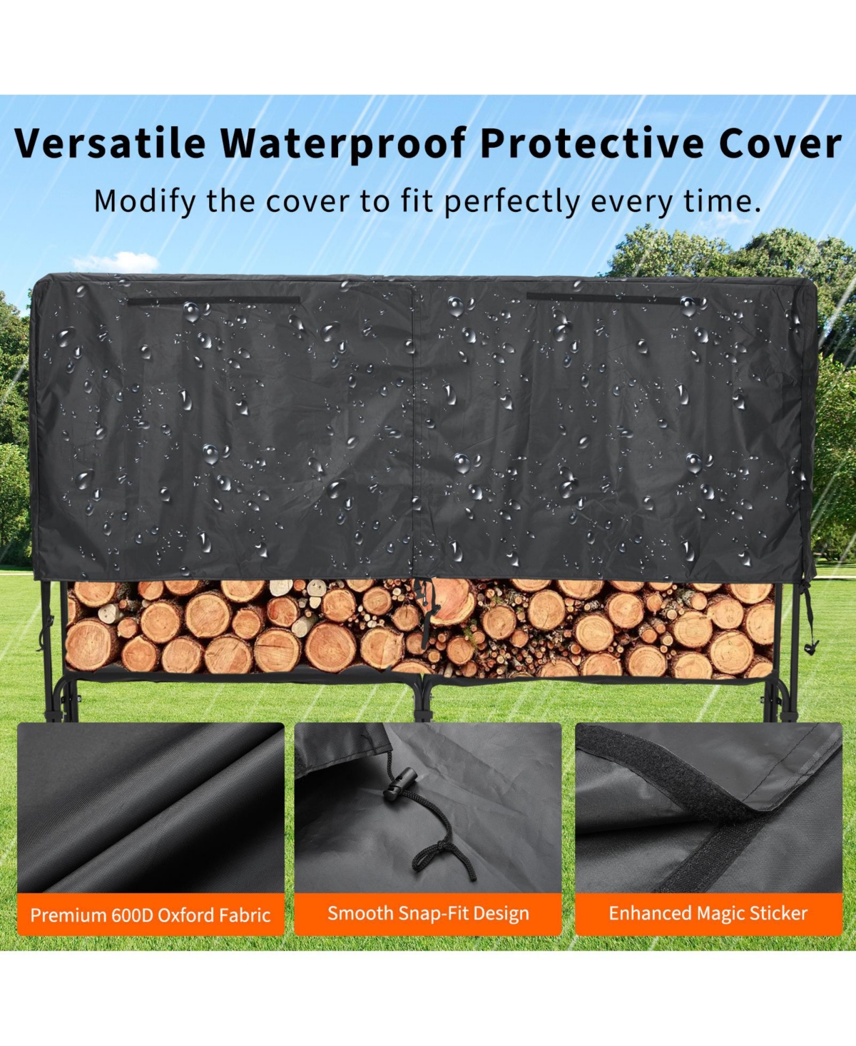 gaomon 8 ft Firewood Rack, Steel Log Holder for Outdoor Storage, Patio, Fireplace and Backyard with Waterproof Cover