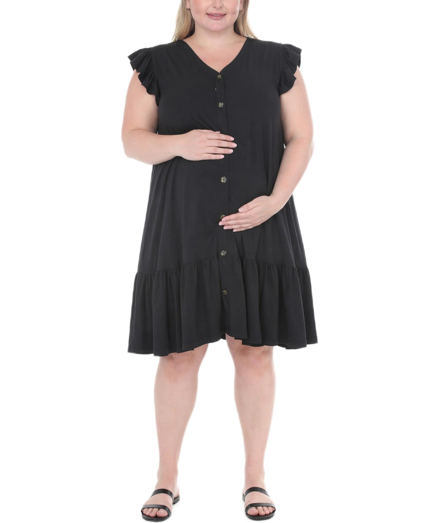 Plus Size Flutter-Sleeve Button-Front Tiered Maternity Dress