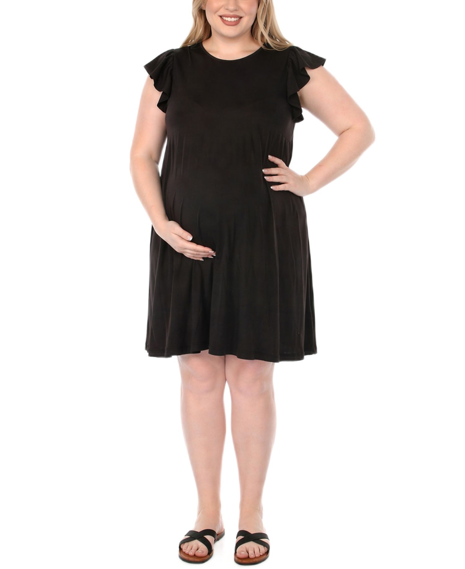 Plus Size Scoop Neck Flutter-Sleeve Maternity Dress