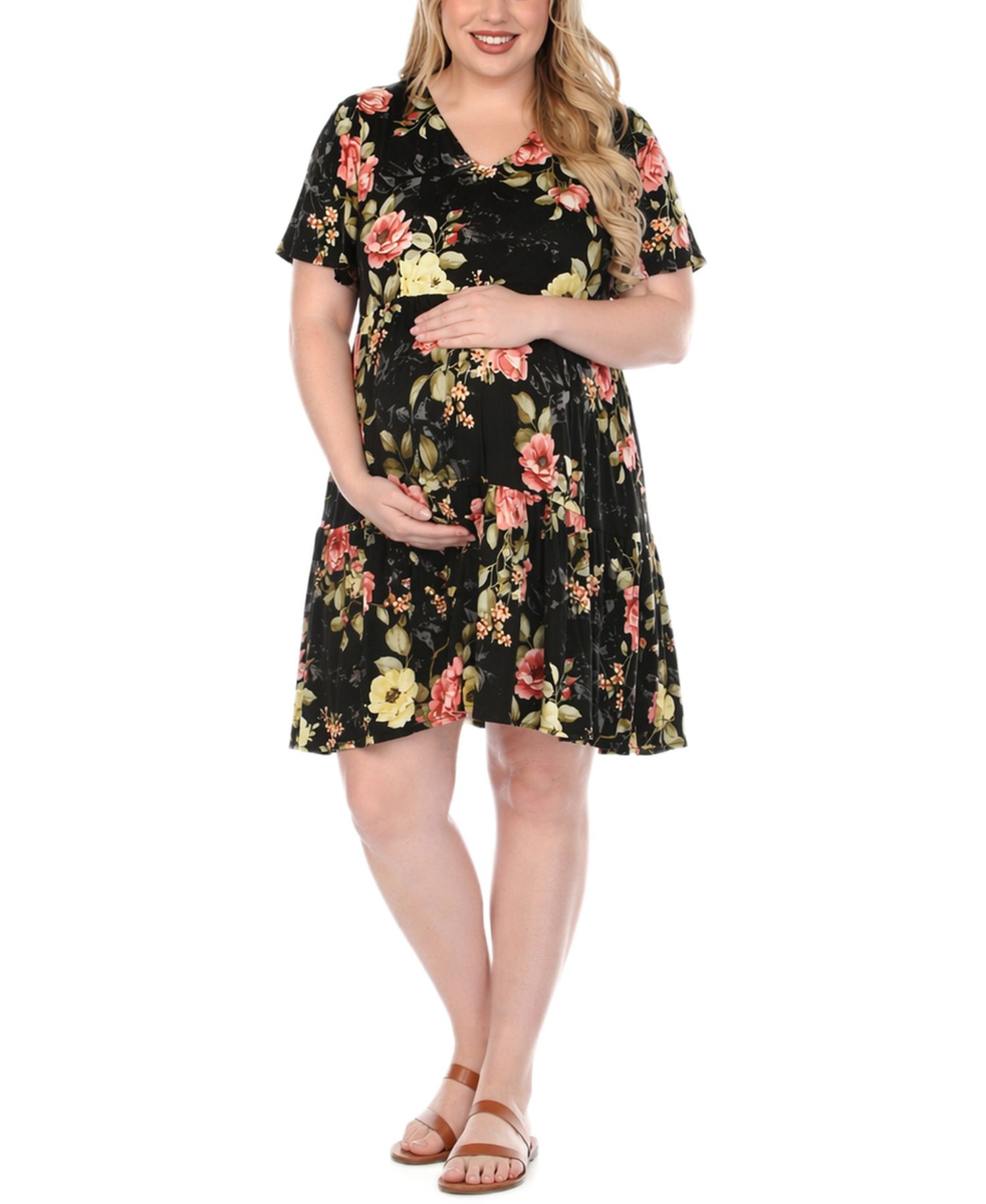 Plus Size Floral Print Short-Sleeve V-Neck Maternity Dress
