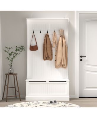 Entryway Bench with Standing Coat Rack, Hall Tree with Shoe Storage Organizer and 5 Double Hooks for Hallway