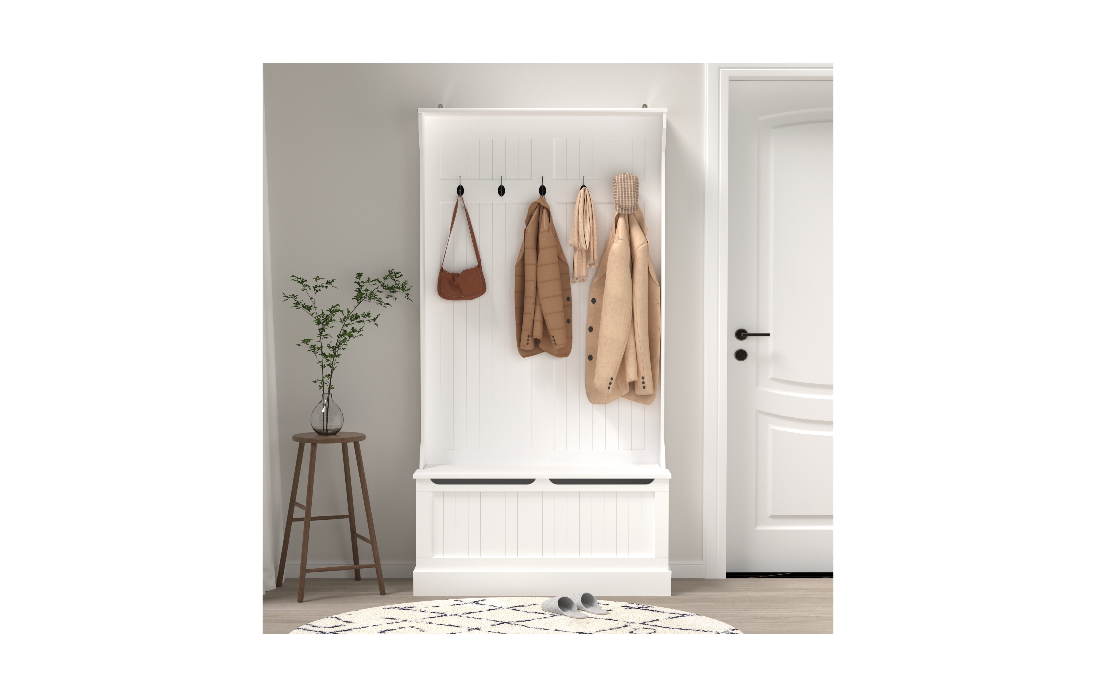 Rainsken Entryway Bench with Standing Coat Rack, Hall Tree with Shoe Storage Organizer and 5 Double Hooks for Hallway