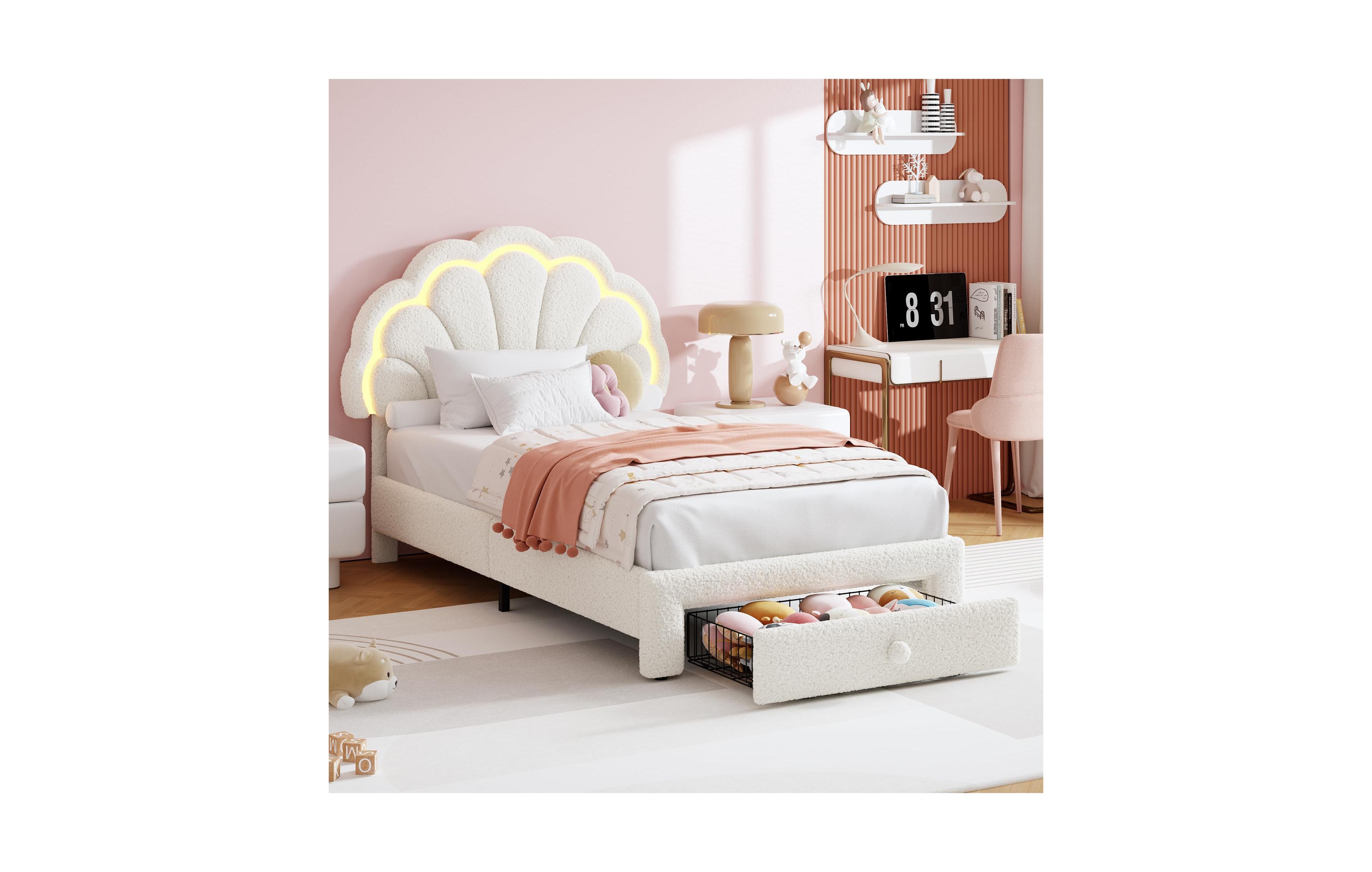 homfan Upholstered Platform Bed Frame with Led Petal Headboard and Storage Drawer, Kids Wood Slat Support