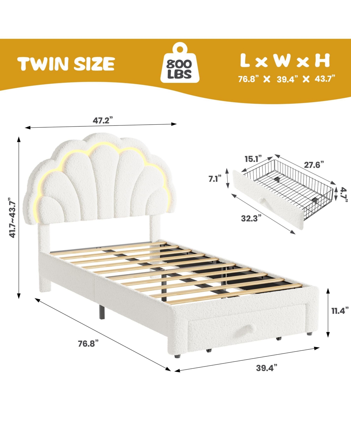 homfan Upholstered Platform Bed Frame with Led Petal Headboard and Storage Drawer, Kids Wood Slat Support