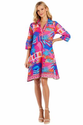 Women's Club Moda Tropical Palm Print Resort Dress - Collared A-Line Vacation Dress with 3/4 Sleeves