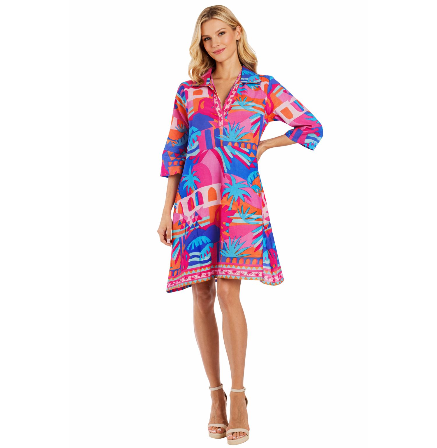 Women's Club Moda Tropical Palm Print Resort Dress - Collared A-Line Vacation Dress with 3/4 Sleeves