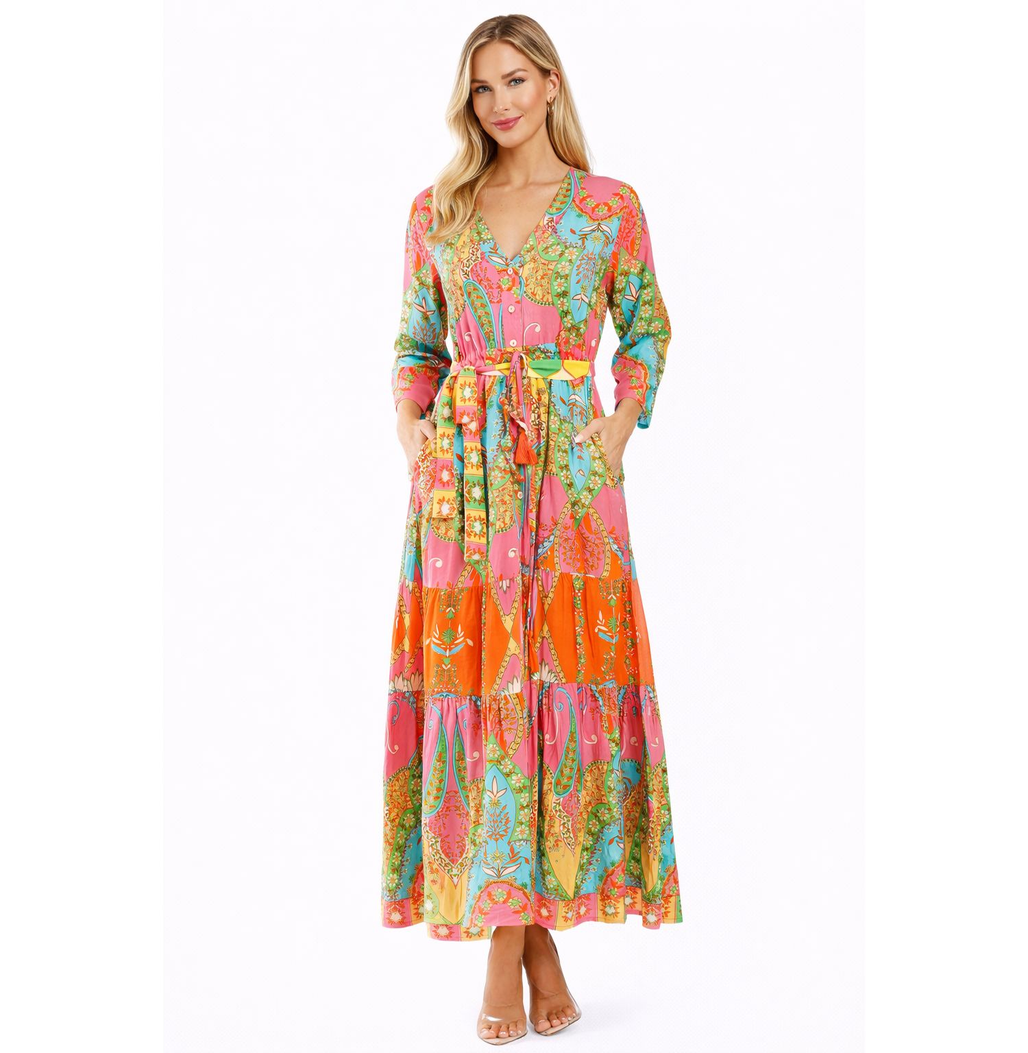 Women's Club Moda Tropical Paisley Maxi Resort Dress - Button Front V-Neck Vacation Dress with Waist Tie
