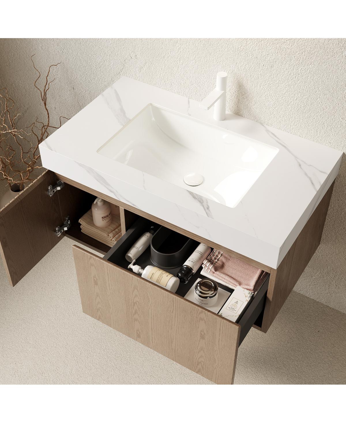 Sillysis Wall Mounted Bathroom Vanity, Sintered Stone Top, Carrara Ceramic Sink, Soft Close Cabinet