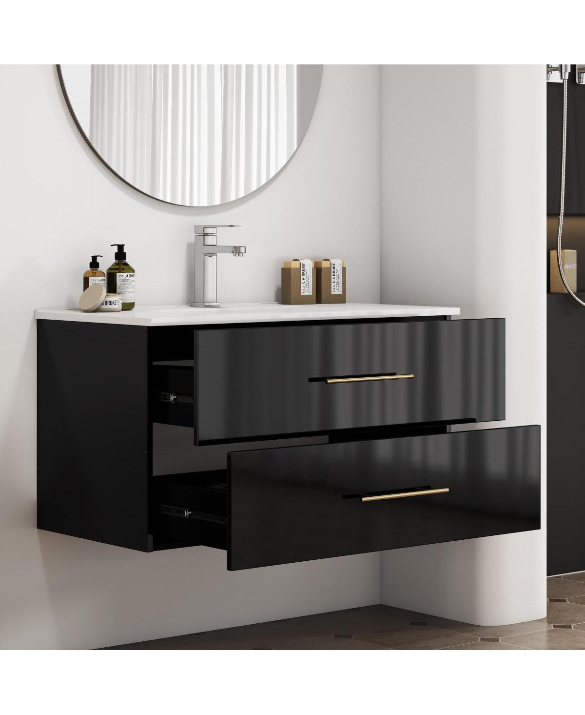 Sillysis Wall Mounted Bathroom Vanity with Ceramic Sink, Double Drawers