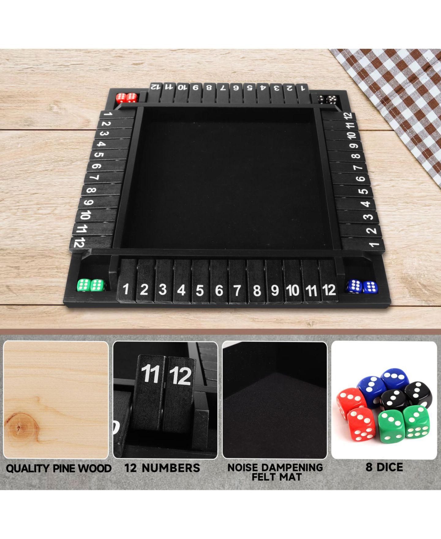 Детская настольная игра GSE Games & Sports Expert 4-Player 12 Numbers Shut the Box Board Game with 8 Dice, Ages 3+, цвет: Чёрный — фото 2