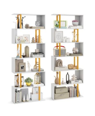 2 Pieces 6 Tier Geometric Bookcase 74.5 Inch S Shaped Bookshelf with Metal Frame