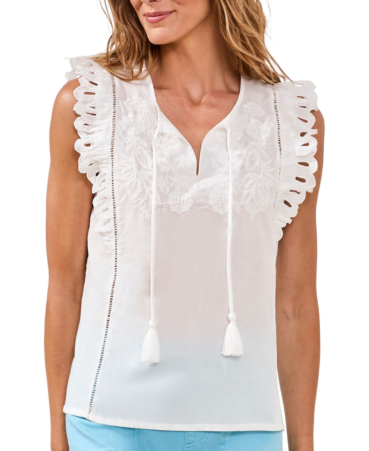 Women's Poplin V-Neck Top with Embroidery