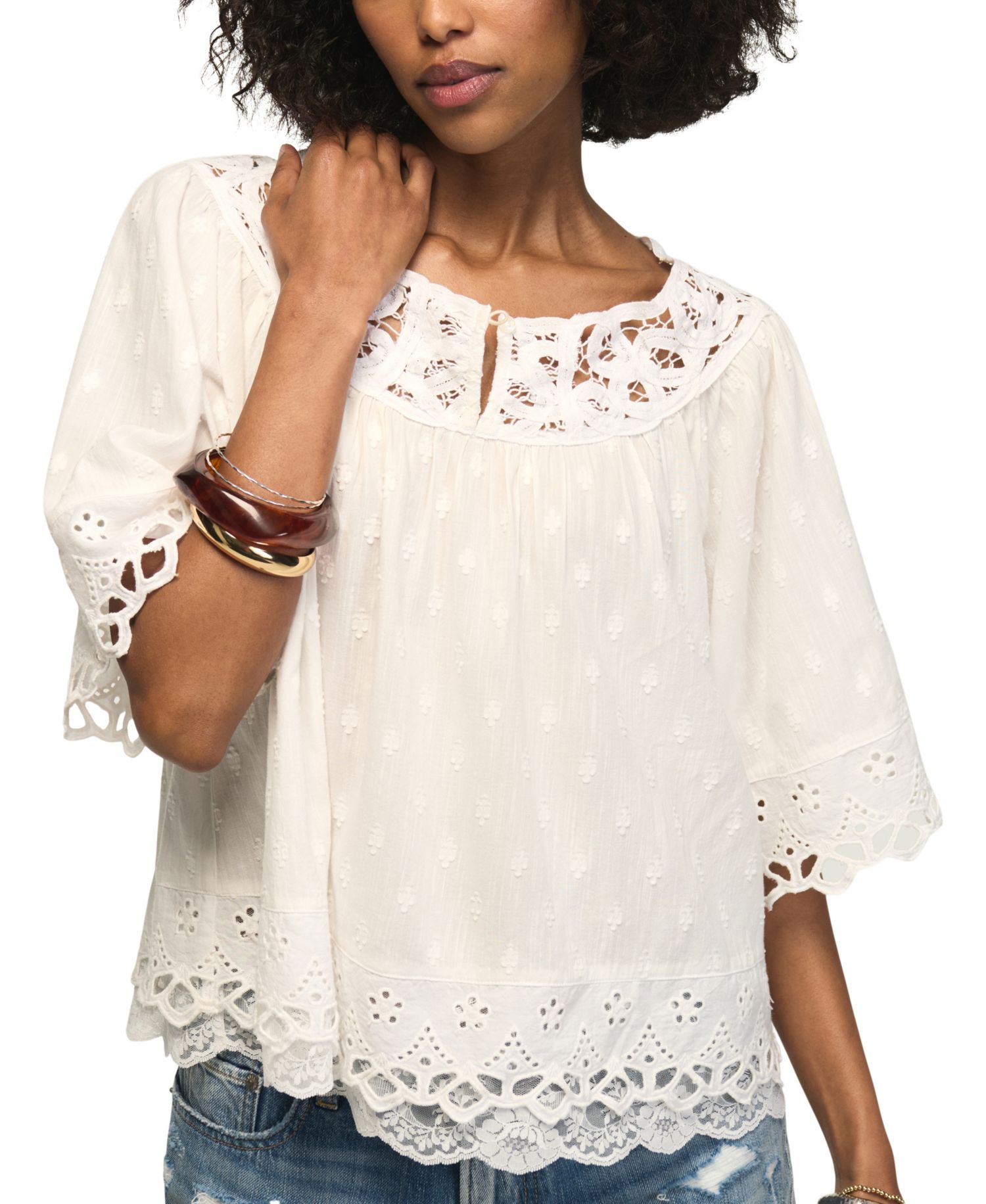 Women's Notch-Neck Lace Detail Top