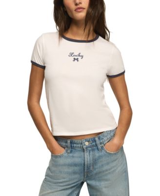 Women's Bow Detailed Cropped Ringer T-Shirt