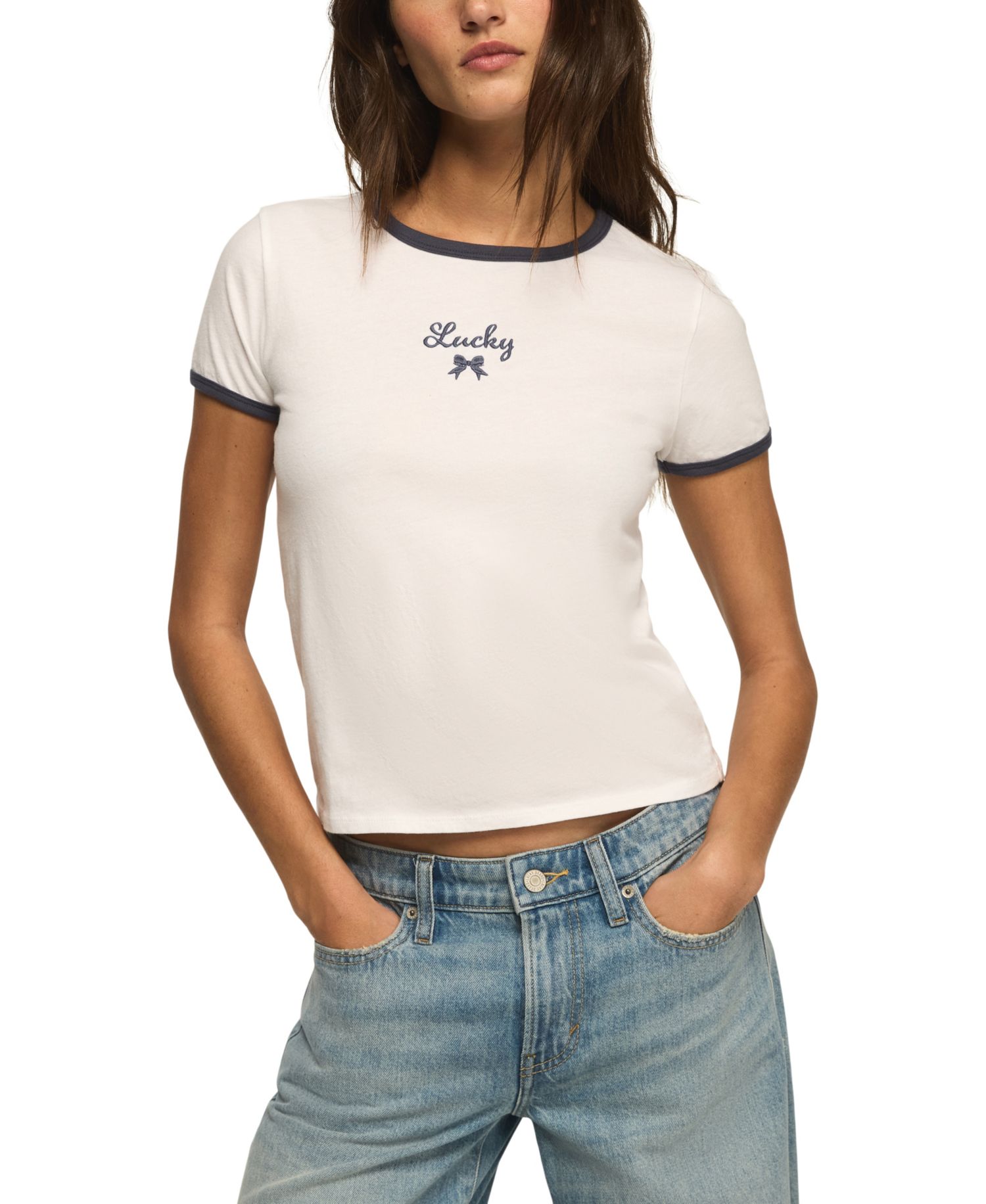 Women's Bow Detailed Cropped Ringer T-Shirt