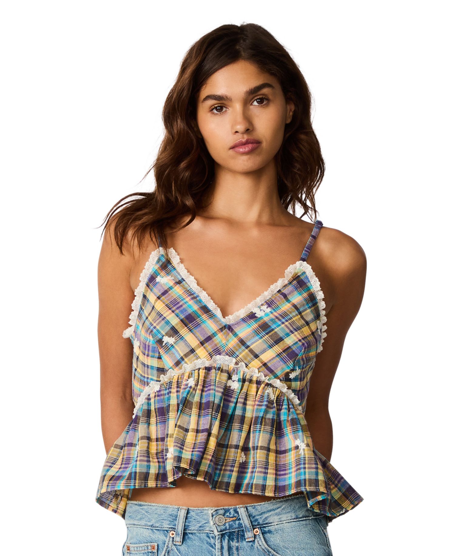 Women's Bryna Sleeveless Embroidered Plaid Peplum Top