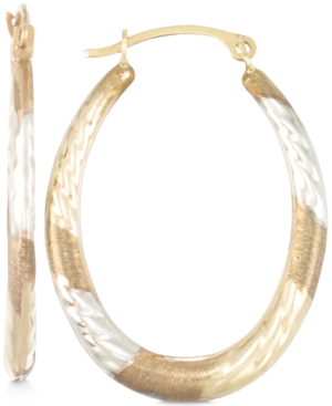 image of Tri-Tone Textured Oval Hoop Earrings in 10k Yellow, White and Rose Gold