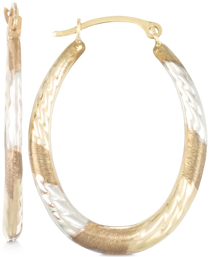 Macy's Tri-Tone Textured Oval Hoop Earrings in 10k Yellow, White