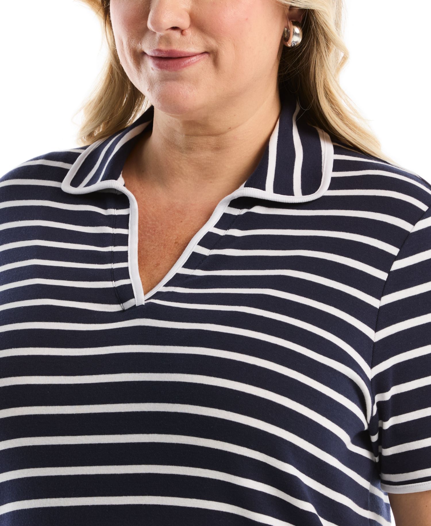 Plus Size Striped Contrast Trim Johnny Collar Short-Sleeve Polo Shirt