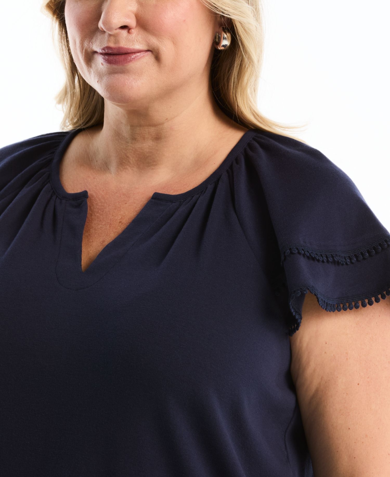Plus Size Eyelet Flutter-Sleeve Split Neck Short-Sleeve Top
