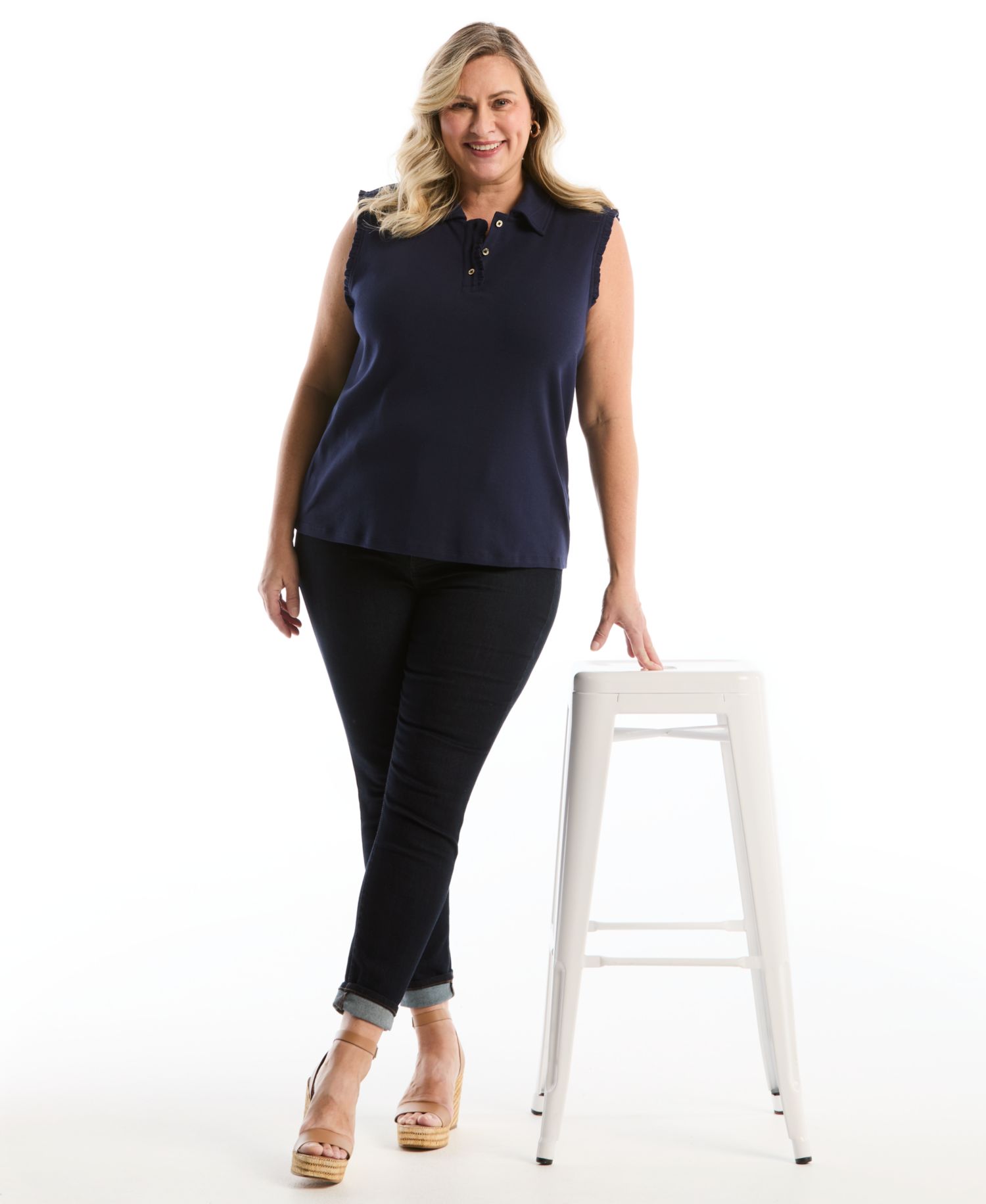 Plus Size Ruffle Trim Sleeveless Polo Shirt