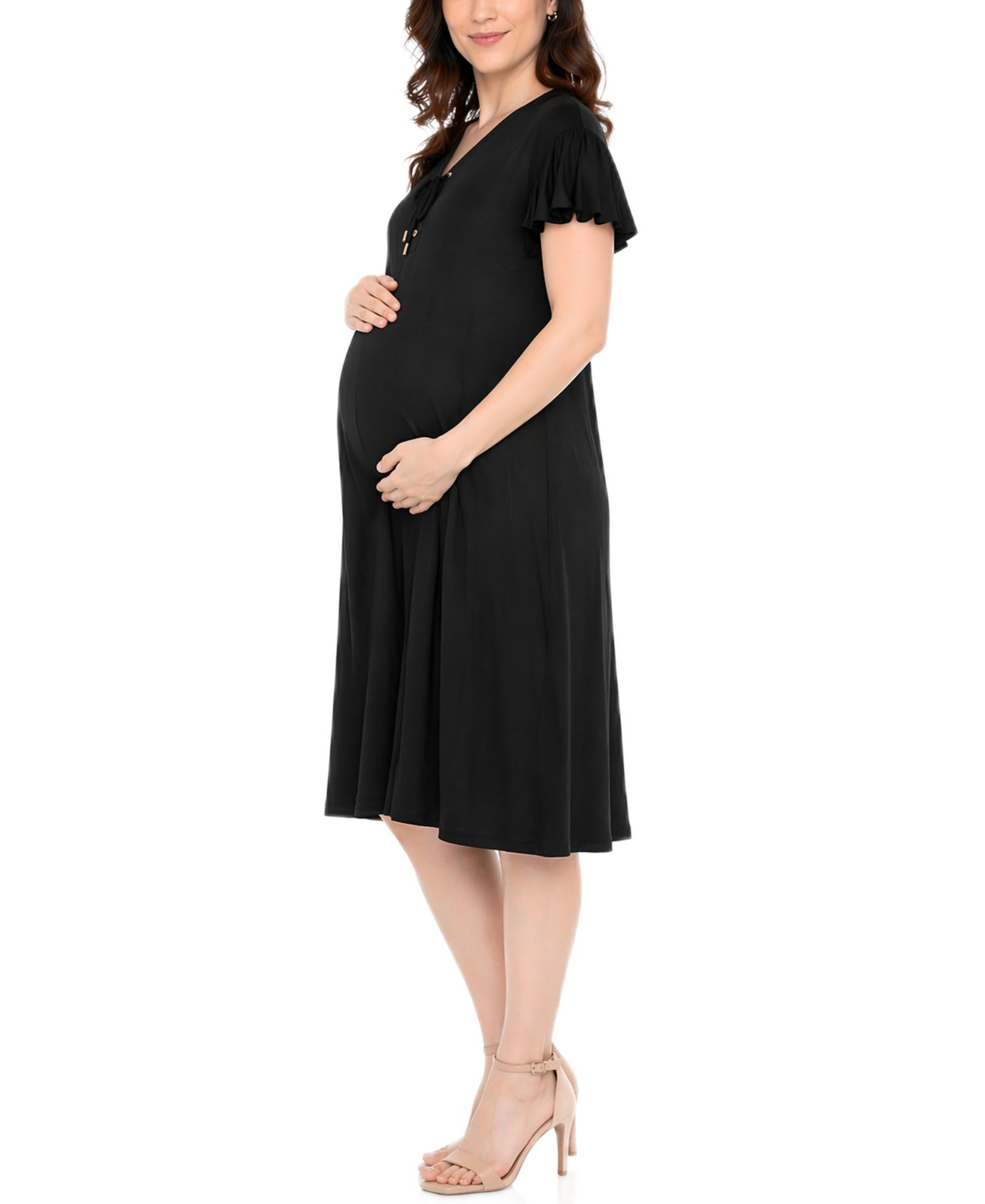 Women's Flutter-Sleeve Tie-Neck Maternity Dress