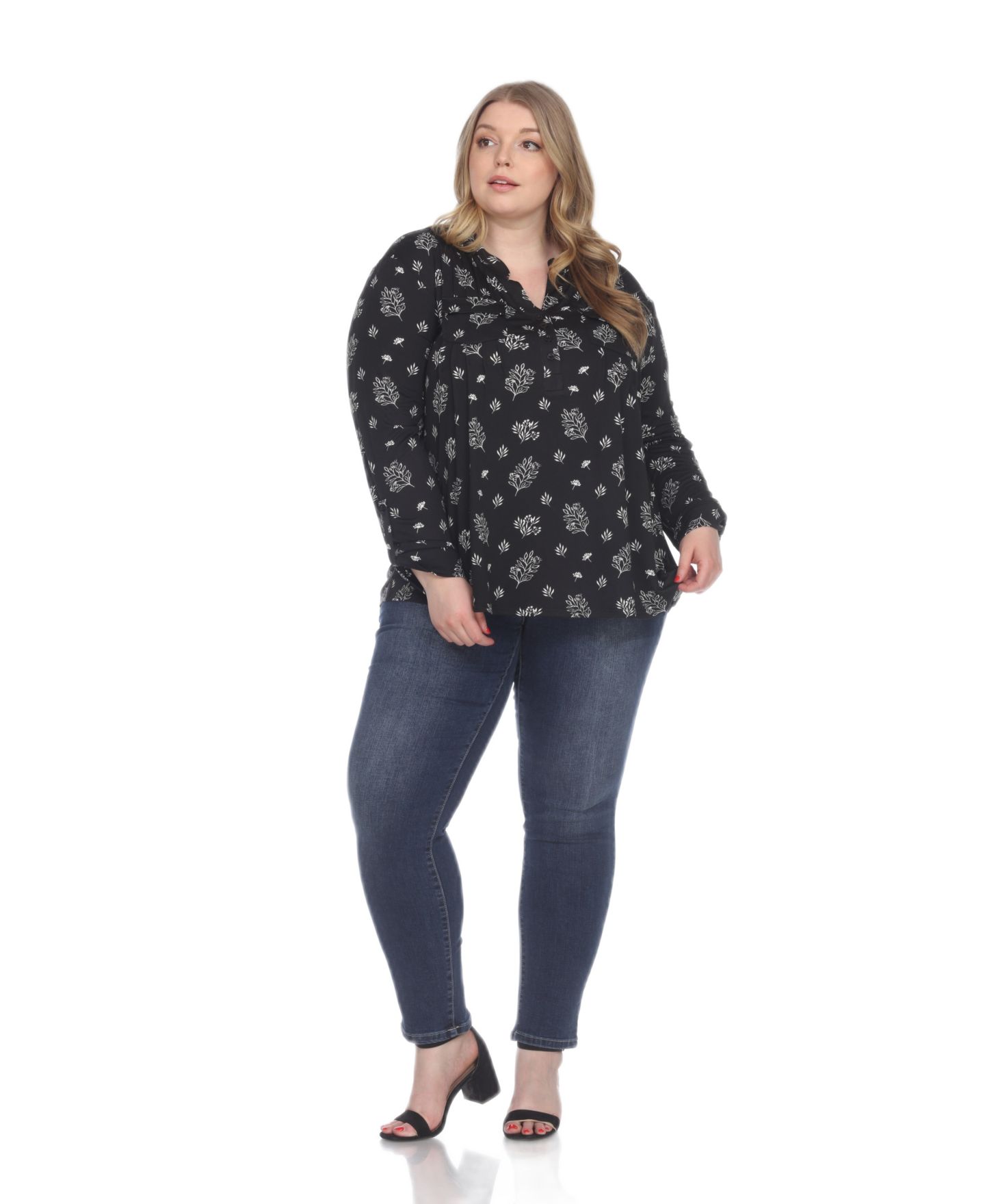 Женский топ White Mark Plus Size Printed Long-Sleeve Button-Front, цвет: Чёрный — фото 2