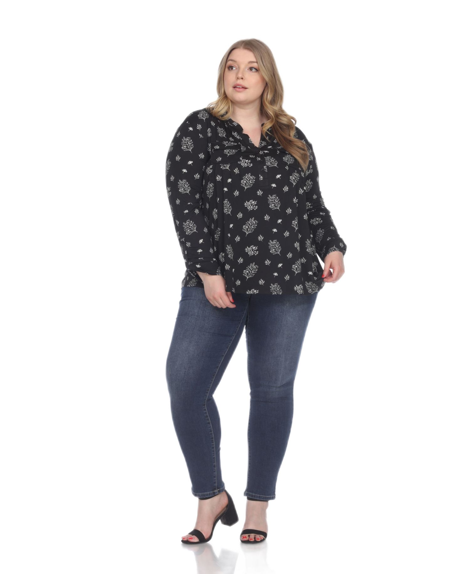 Plus Size Printed Long-Sleeve Button-Front Top