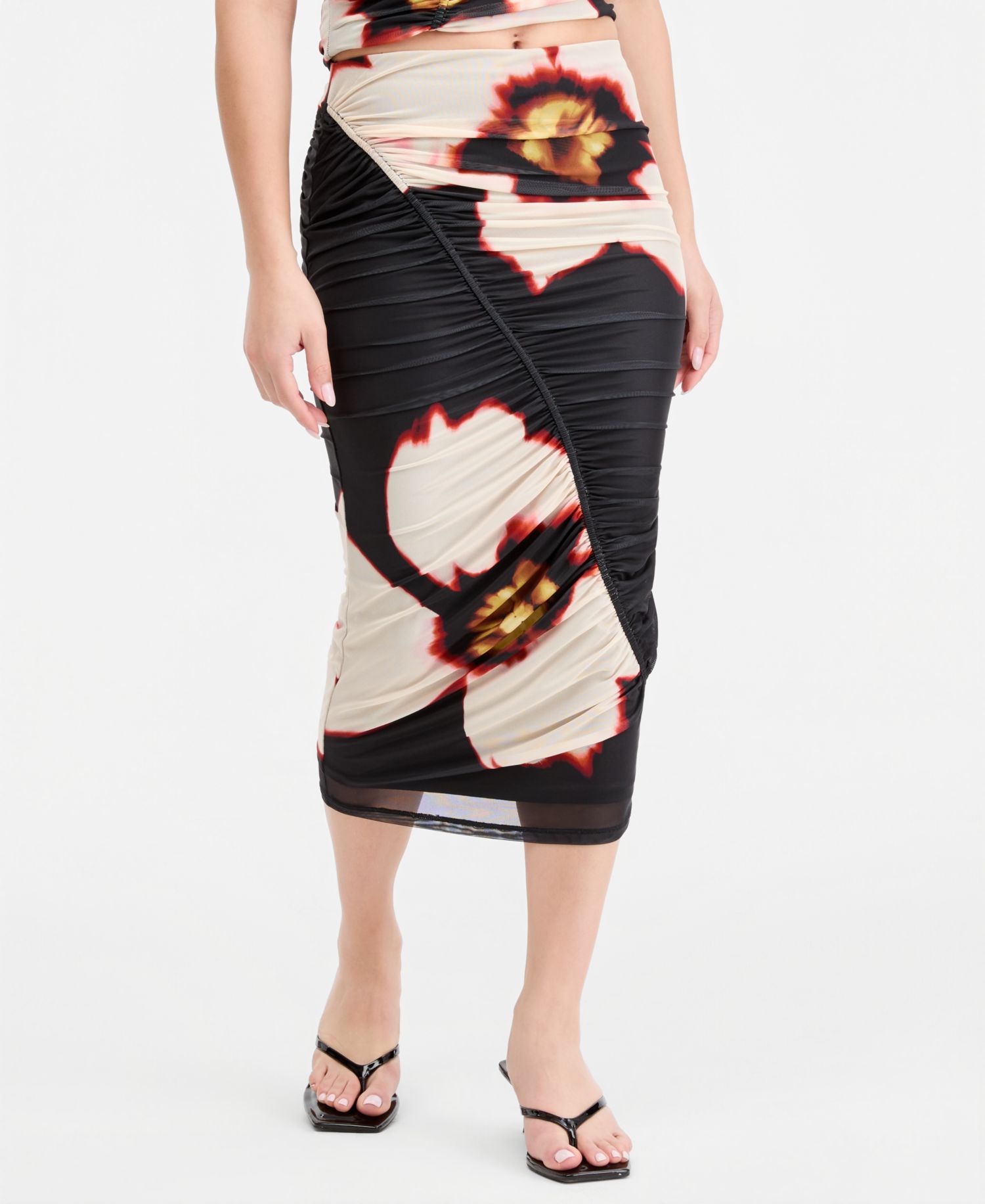 Women's Plaid Mesh Ruched Bodycon Midi Skirt