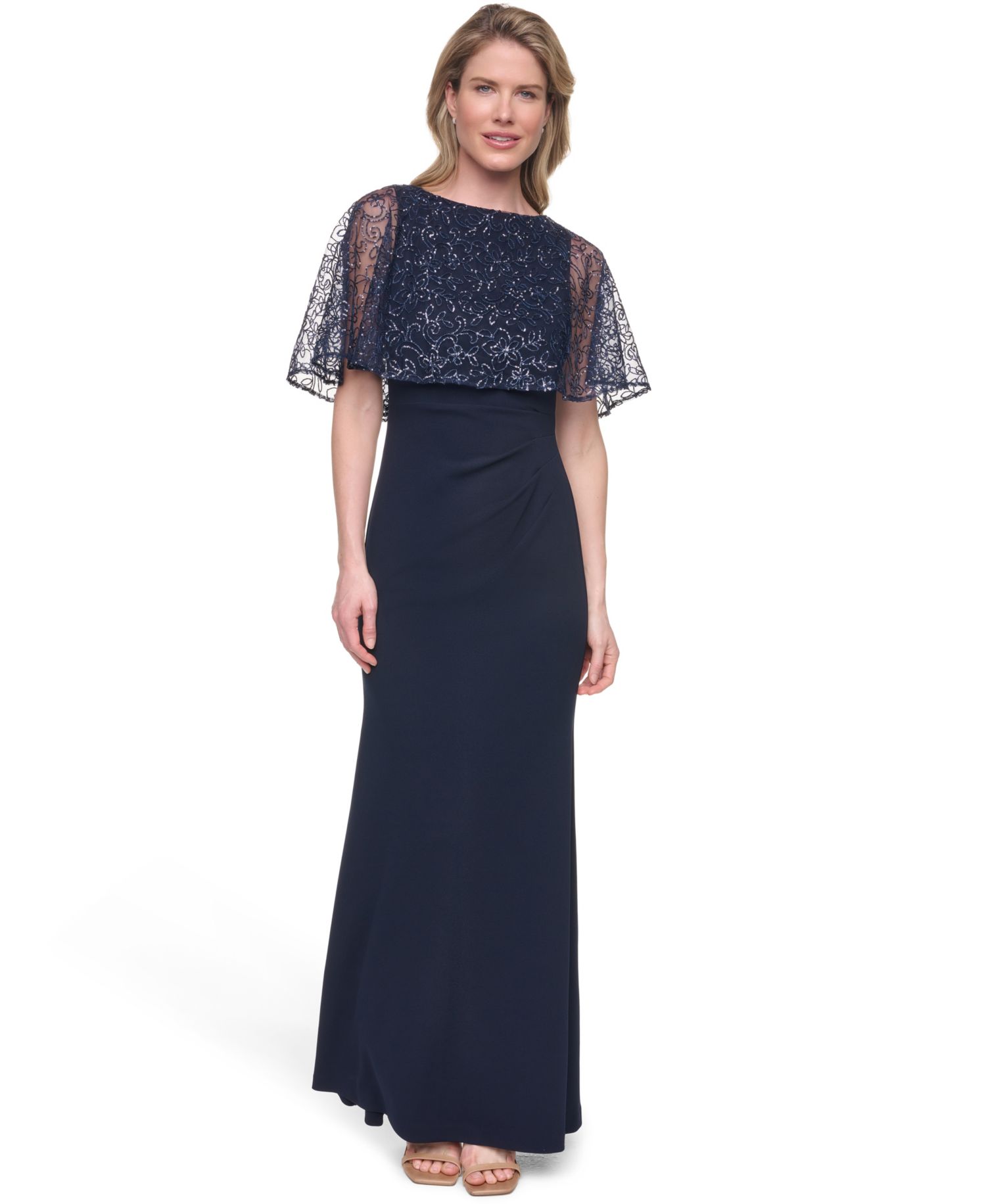 Petite Capelet Boat Neck Sequin Detail Gown