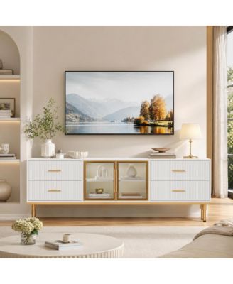 Contemporary Fluted TV Stand with Adjustable LED Lighting, Drawers and Open Shelves, Reinforced Engineered Wood with Metal Legs