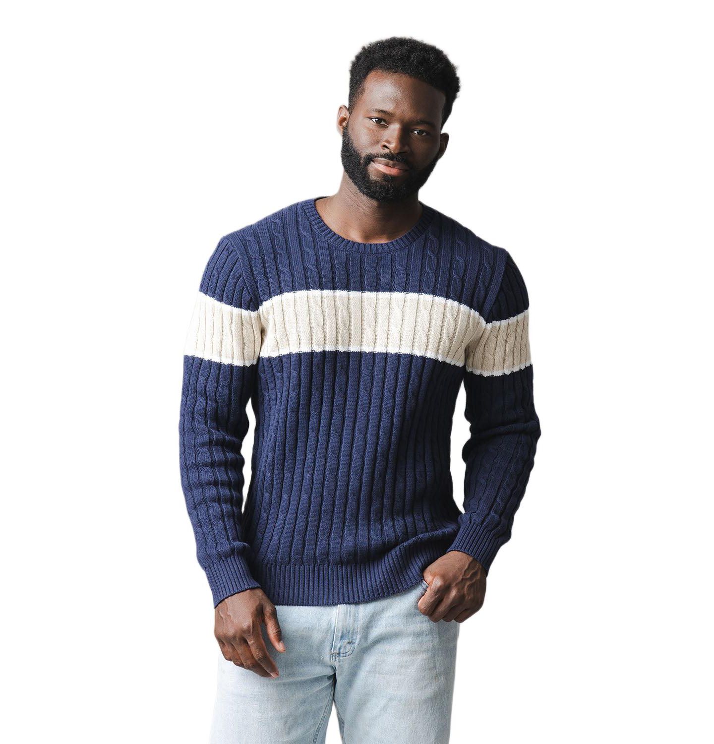 Мужской свитер Hope & Henry Organic Crew Neck Cable, цвет: Тёмно-синий полосатый — фото 3