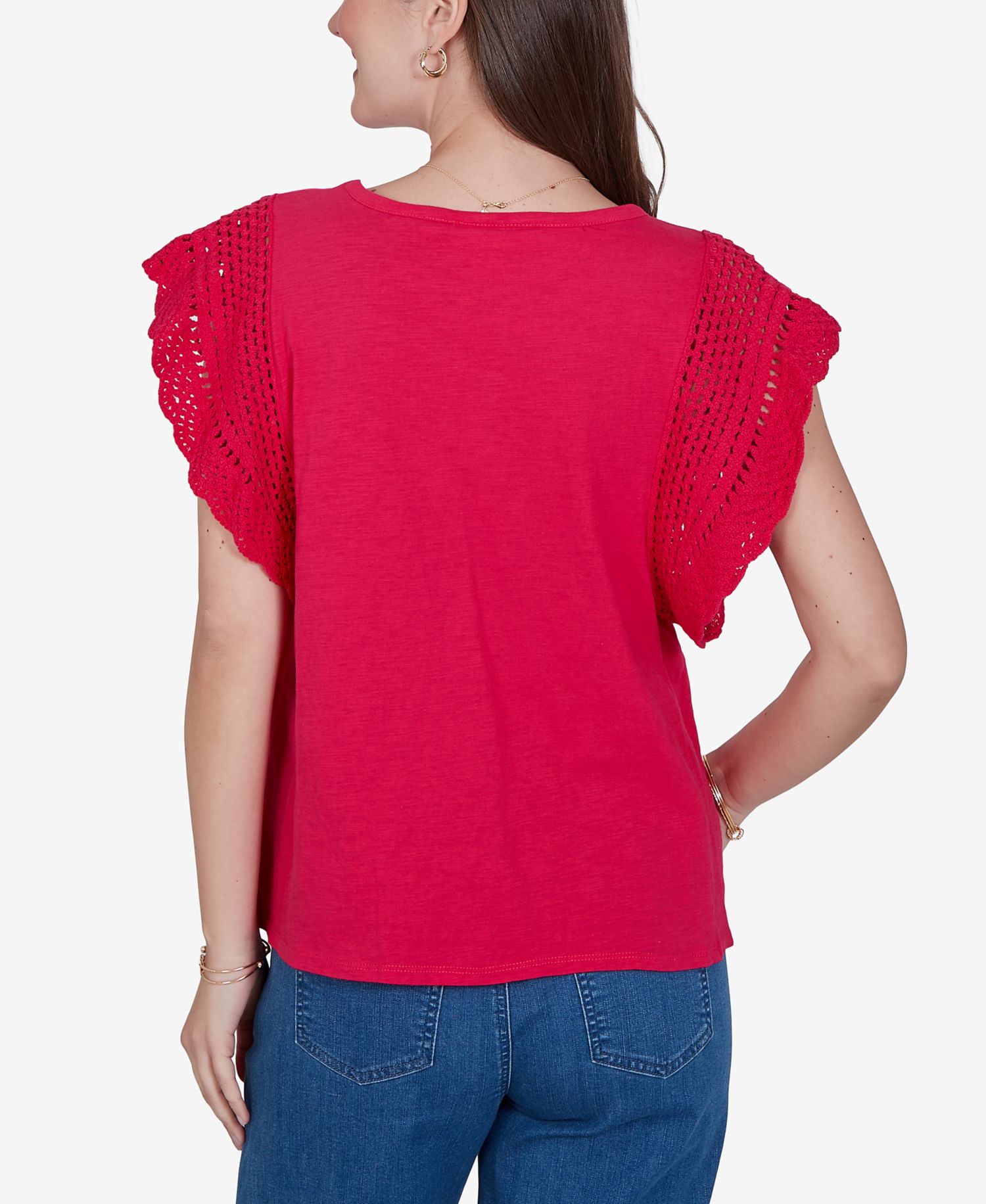 Petite Crochet-Sleeve Solid Cotton Blouse