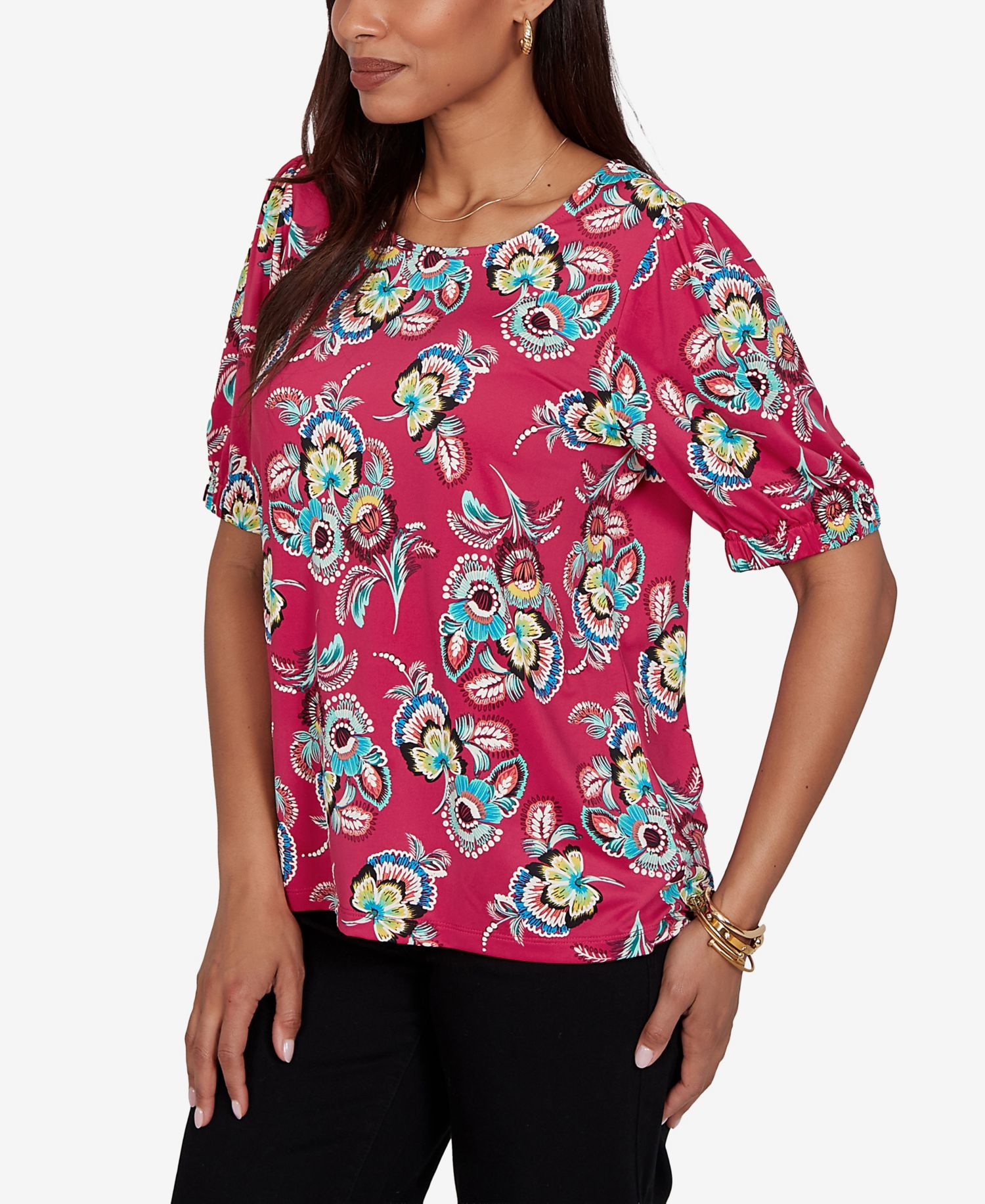 Petite Etched Floral Puff Print Blouse