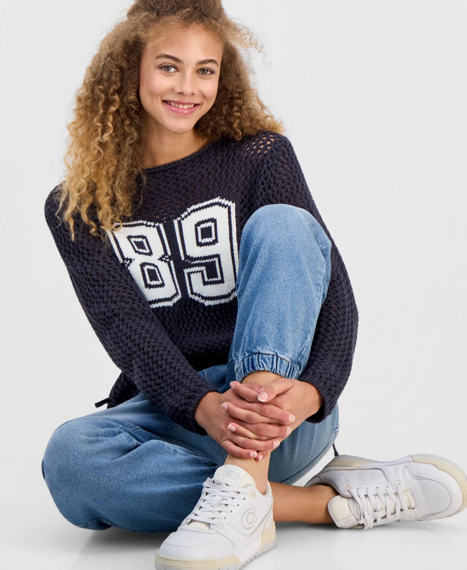 Juniors' Open-Stitch Varsity Sweater