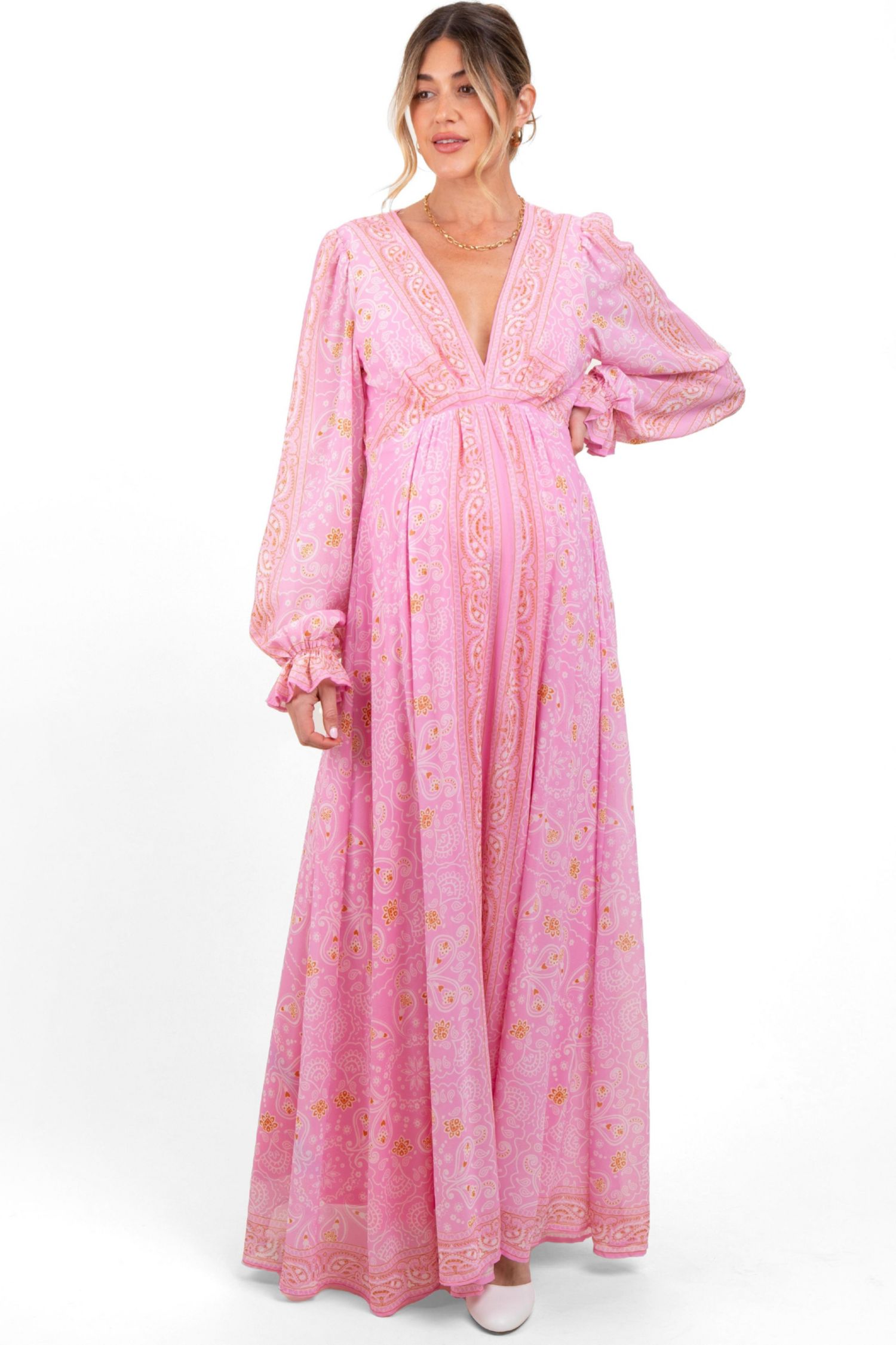 Women's Pink Paisley Deep V-Neck Long Sleeve Maxi Dress