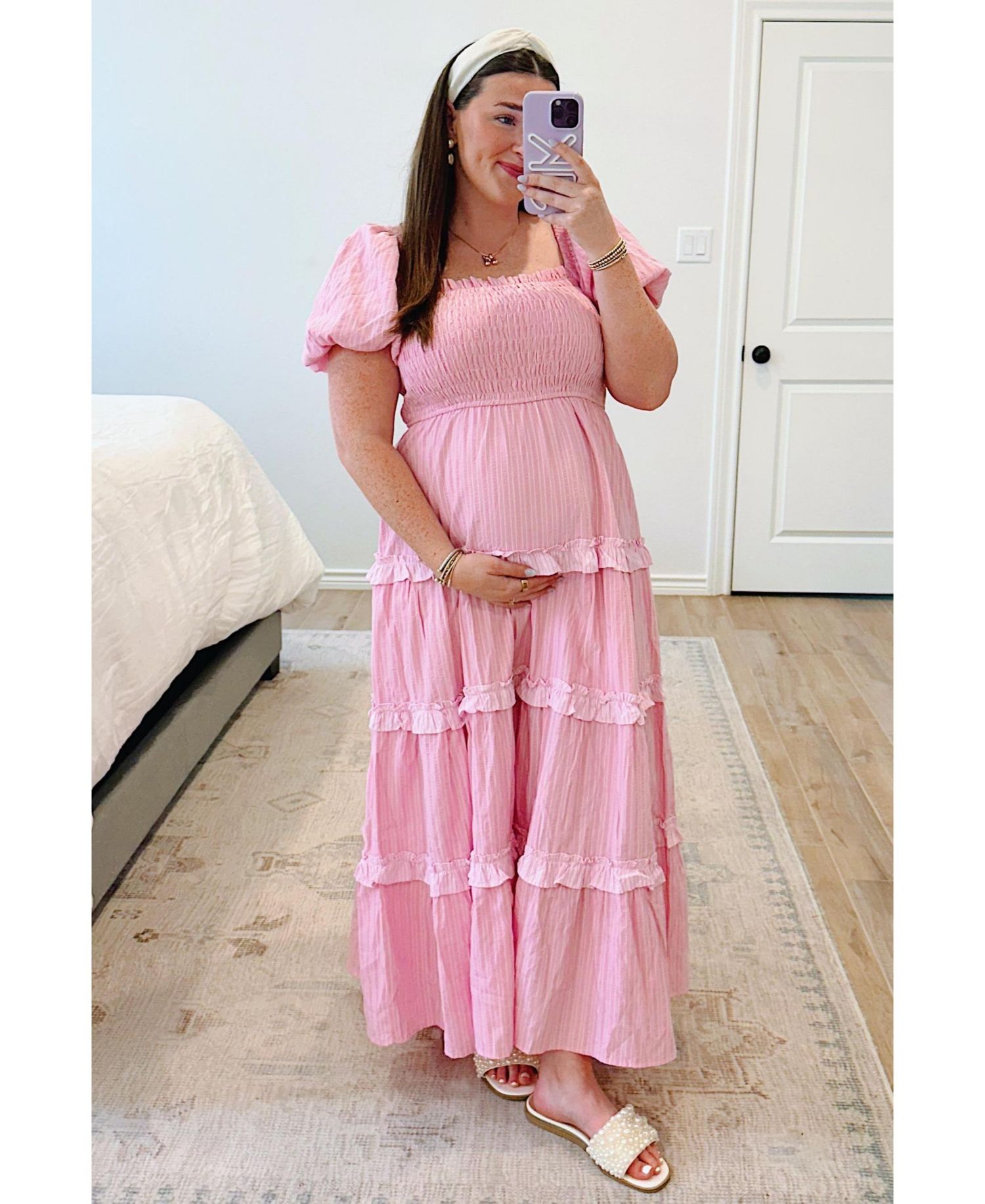 Women's Pink Smocked Ruffle Tiered Puff Sleeve Maxi Dress