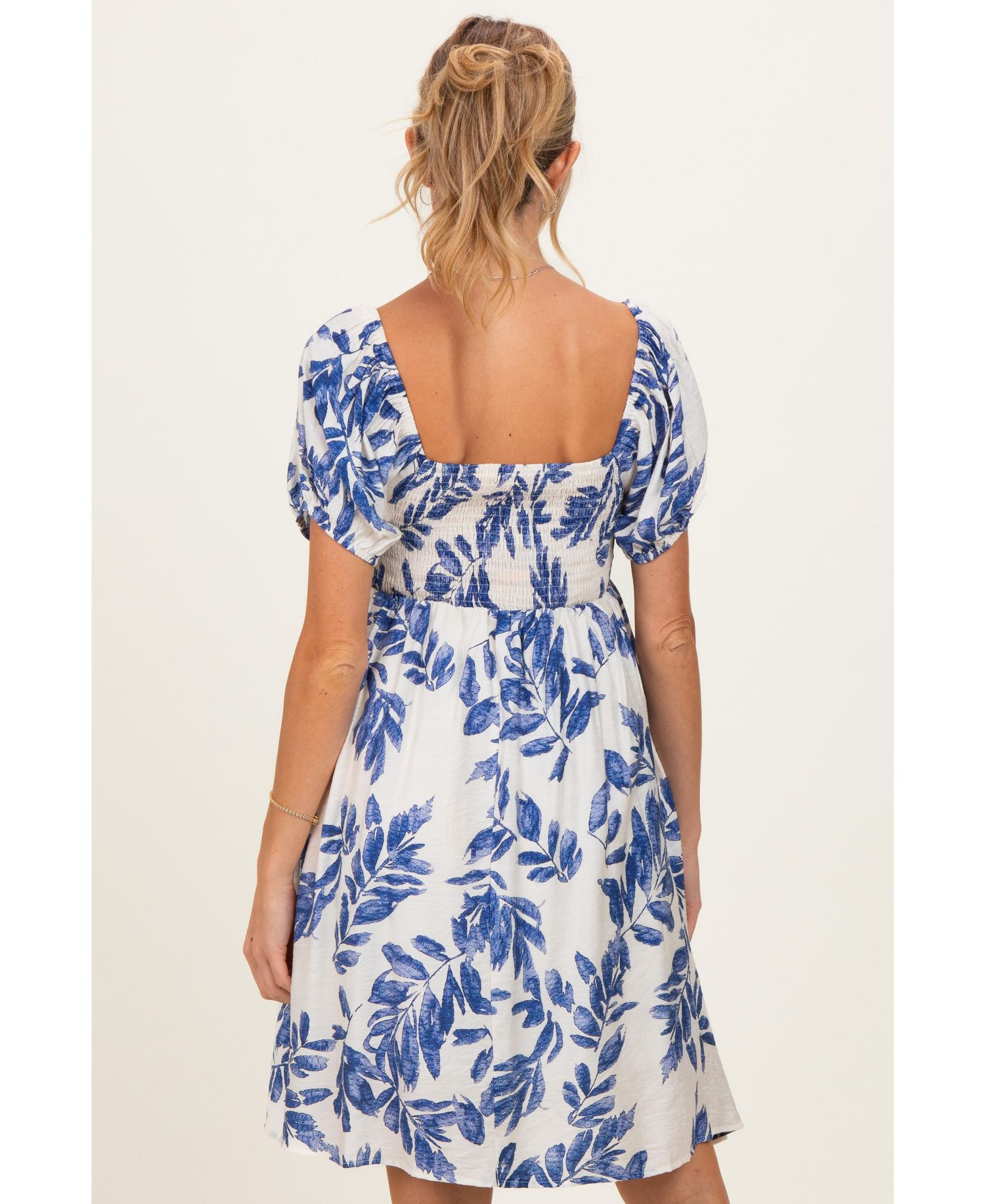 Women's Blue Floral Puff Sleeve Dress