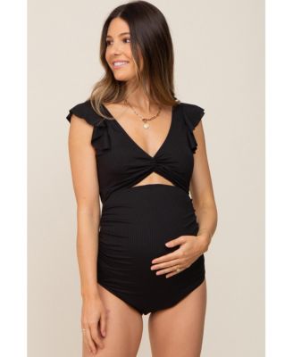 Maternity Black Ribbed Cutout Flutter One Piece Swimsuit